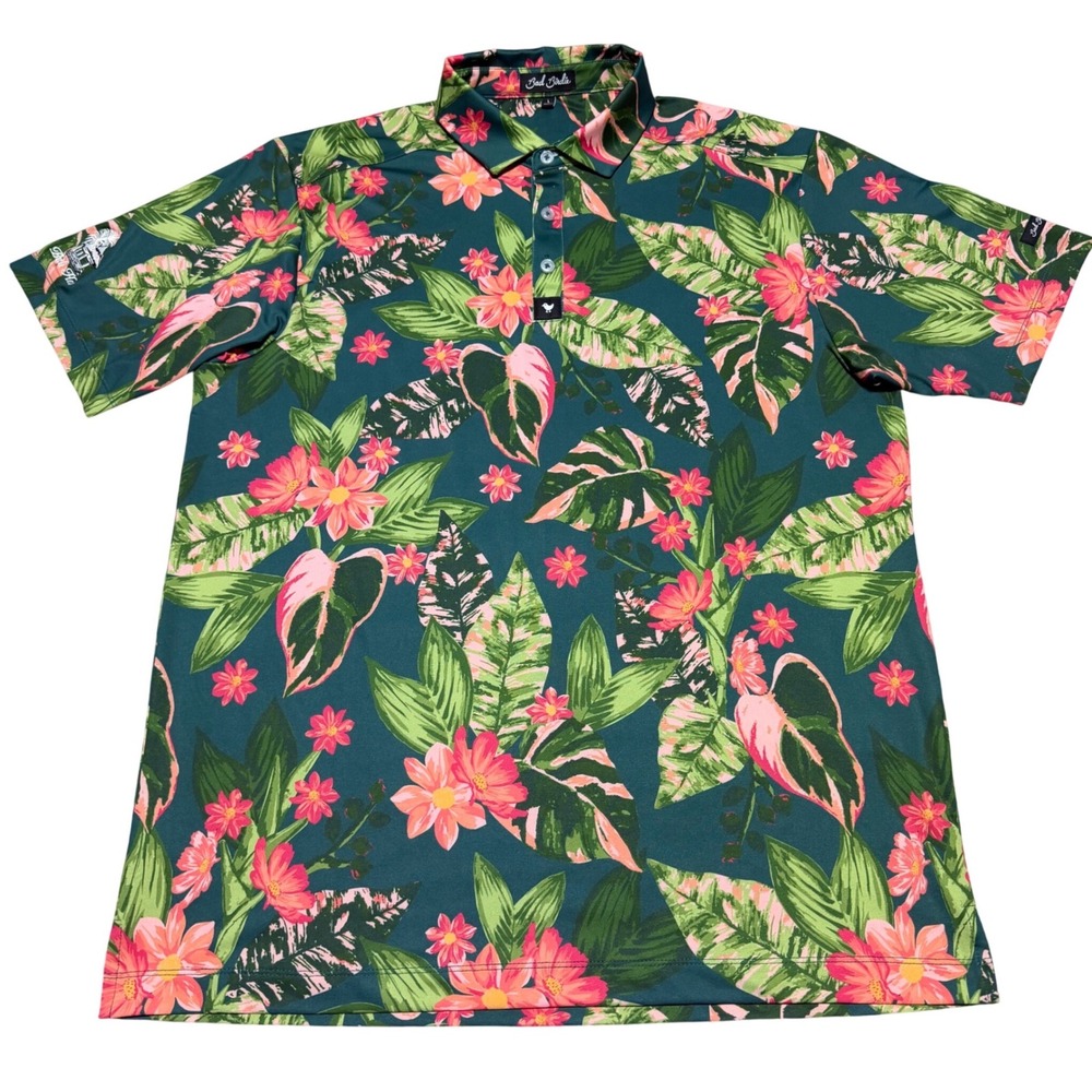 Bad Birdie Men L Performance Golf Polo Botanist Print Bali Hai Club Logo
